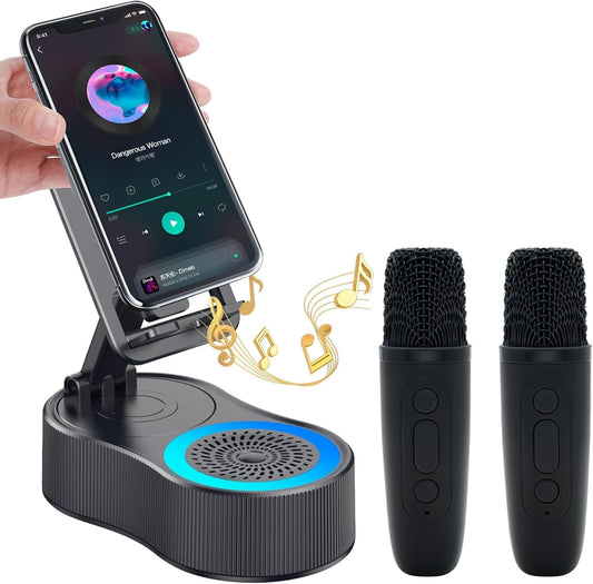 Gifts for Men Women,Cell Phone Stand with Wireless Bluetooth Speaker,Colorful Ambient Light 360° Foldable for Tablet iPhone Android 2 Wireless Microphones HD Surround Sound (Black)
