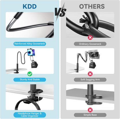 KDD Gooseneck Tablet Stand, 360° Adjustable Phone & iPad Holder for Bed and Desk, Flexible Arm Mount Clip for Video Recording, Bedside & Headboard Clamp for iPad Pro 12.9, Mini, Switch
