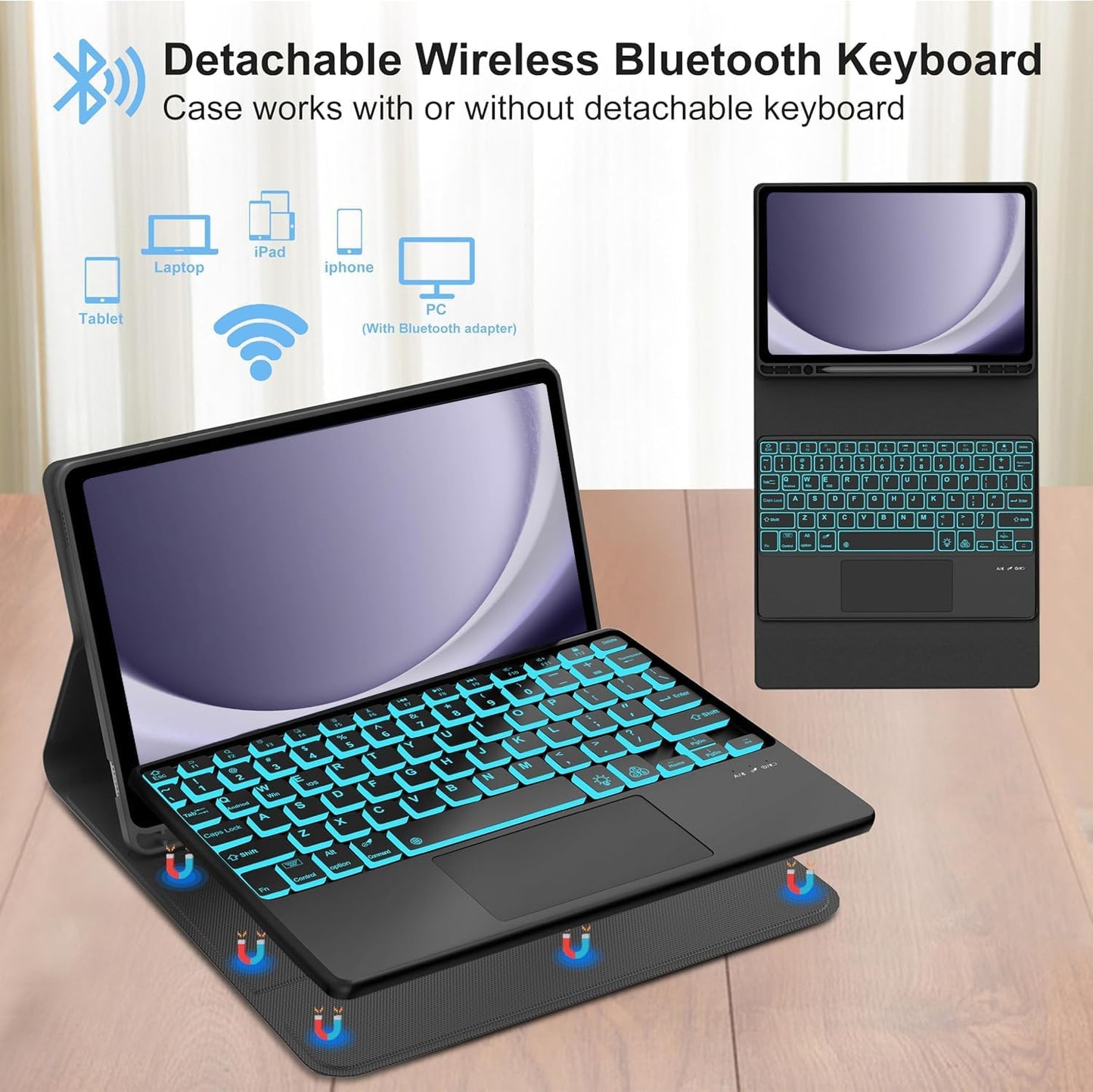 Backlit Touchpad Keyboard Case for Samsung Galaxy Tab A9 Plus 5G 11 Inch 2023 Model (SM-X210/X215/X216/X218), Magnetic Detachable Keyboard Cover with S Pen Holder for Galaxy Tab A9+ 11", (Black)