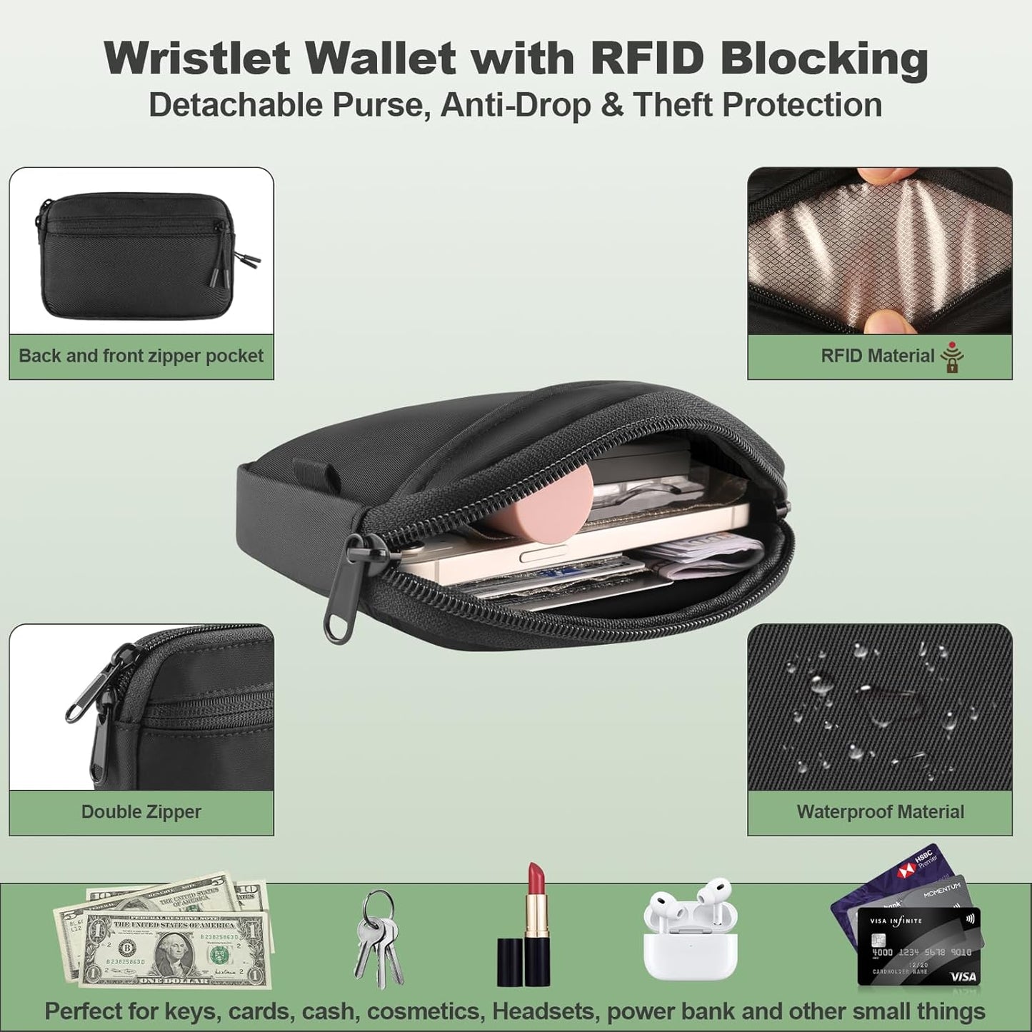 Clip and Go Strap for Phone with Wallet Crossbody, Adjustable Phone Lanyard with Detachable RFID Wristlet Wallet, Pattern Strap, Black (M)