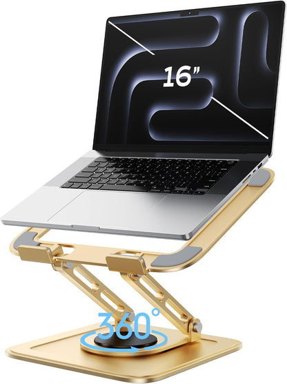 Adjustable Laptop Stand, Computer Stand with 360 Rotating Base, Ergonomic Laptop Riser Mount for Desk Foldable Protable Computer Desk Fits with MacBook Pro Air (10-16") - Gold