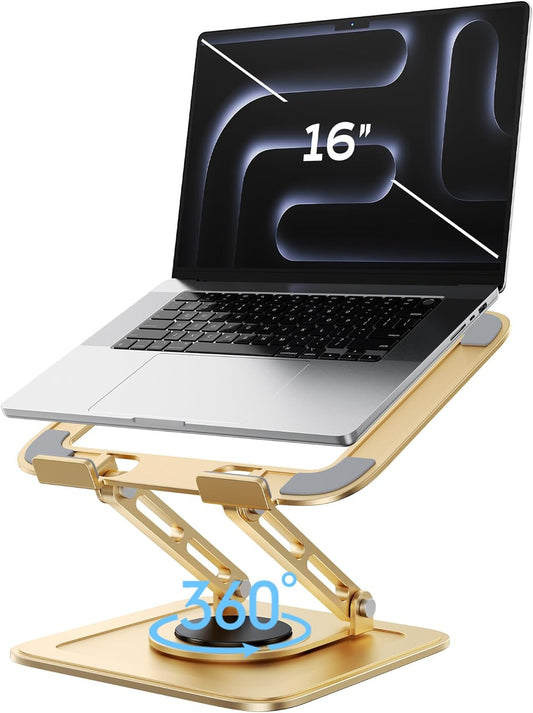Adjustable Laptop Stand, Computer Stand with 360 Rotating Base, Ergonomic Laptop Riser Mount for Desk Foldable Protable Computer Desk Fits with MacBook Pro Air (10-16") - Gold