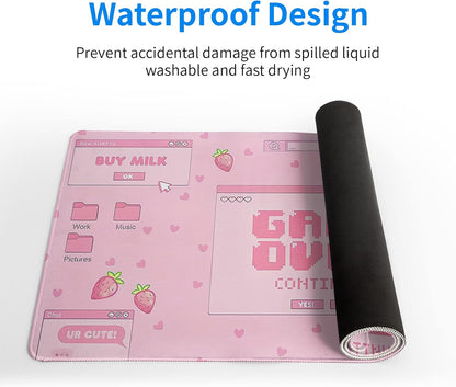 Pink Gaming Mouse Pad 31.5x11.8 Inch Pastel Game Over Large Mousepad Kawaii Office Decor for Women Non-Slip Rubber Base Stitched Edges Keyboard Mouse Mat Desk Pad for Office Home and Game