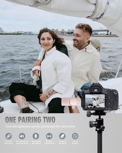 PQRQP 3 in 1 Wireless Lavalier Microphone for iPhone, iPad, Android, Camera, Mini Microphone, 7-Hour Battery, High Definition Sound Quality for Interview, Video Podcast, Vlog (Pink)