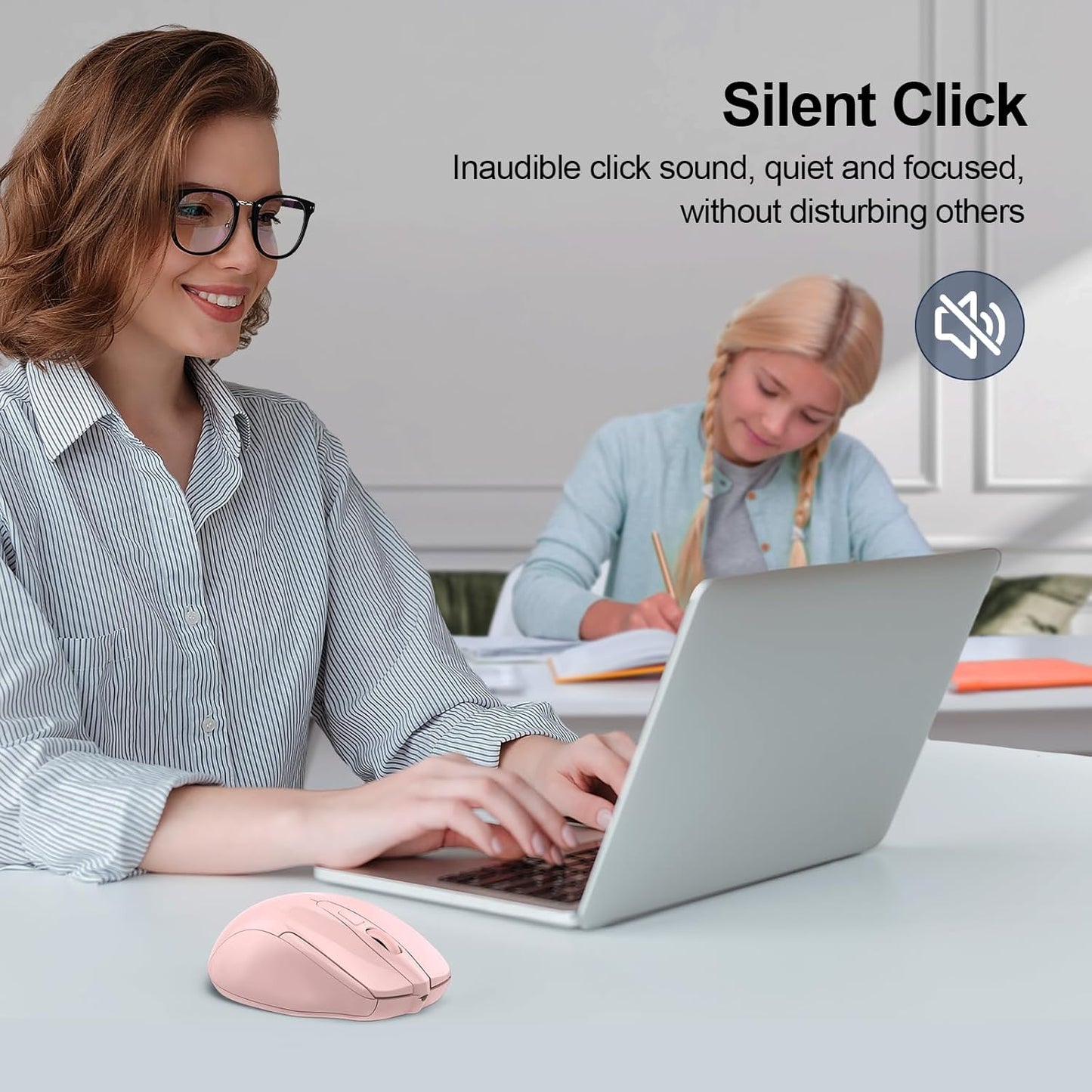 TECKNET Wireless Mouse (2.4G & BT5.0/3.0) Silent 4800 DPI Computer USB A & Bluetooth Mouse 6 Buttons, Wide Compatibility - Pink