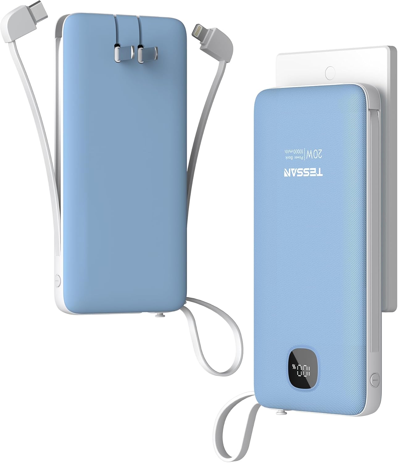 TESSAN Portable Charger with Built in Cables, 10000mAh Power Bank Fast Charging with Foldable AC Plug, 20W Compact Battery Pack Travel Essentials for iPhone 16/15 Series, Samsung, Tablets, Blue