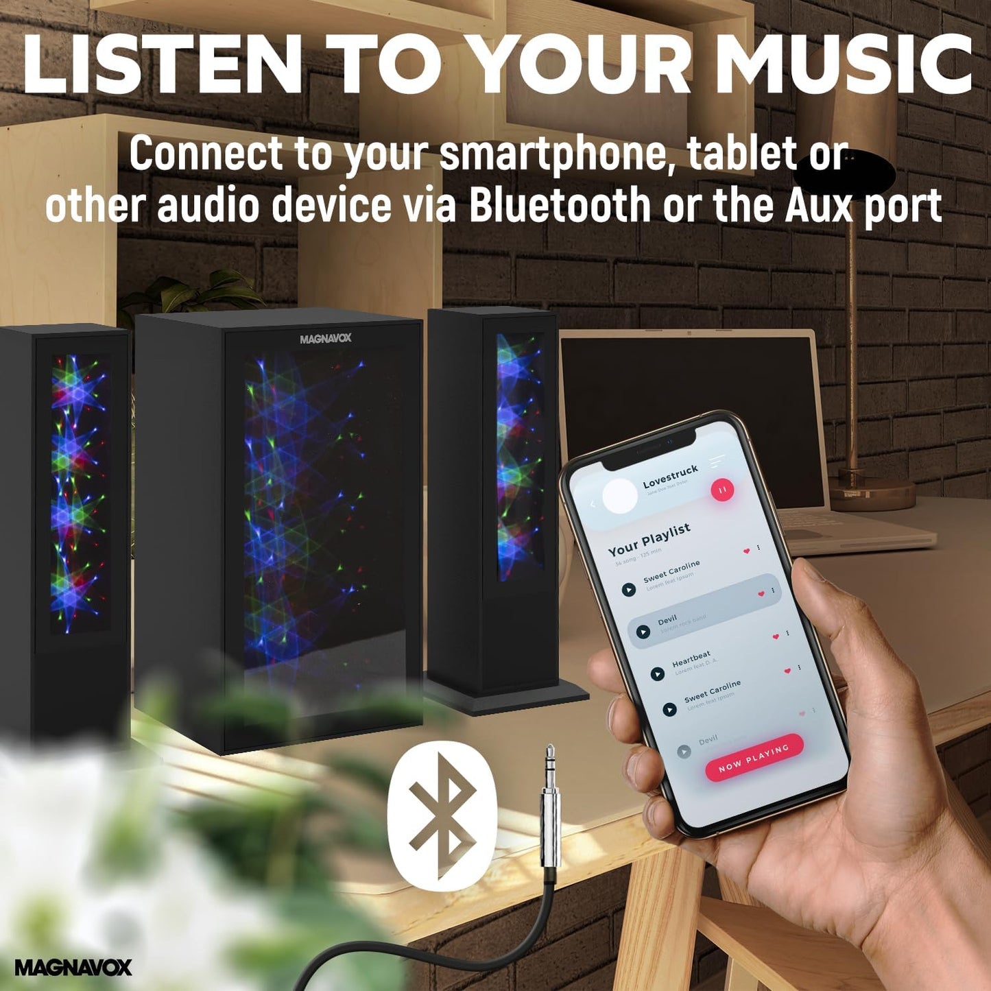 Magnavox MHT990 2.1 Home Entertainment System with Bluetooth Wireless Technology and Color Changing Lights in Black | AUX Port | Subwoofer with 2 Speakers | Pulsing Lights |