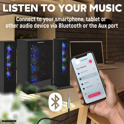 Magnavox MHT990 2.1 Home Entertainment System with Bluetooth Wireless Technology and Color Changing Lights in Black | AUX Port | Subwoofer with 2 Speakers | Pulsing Lights |