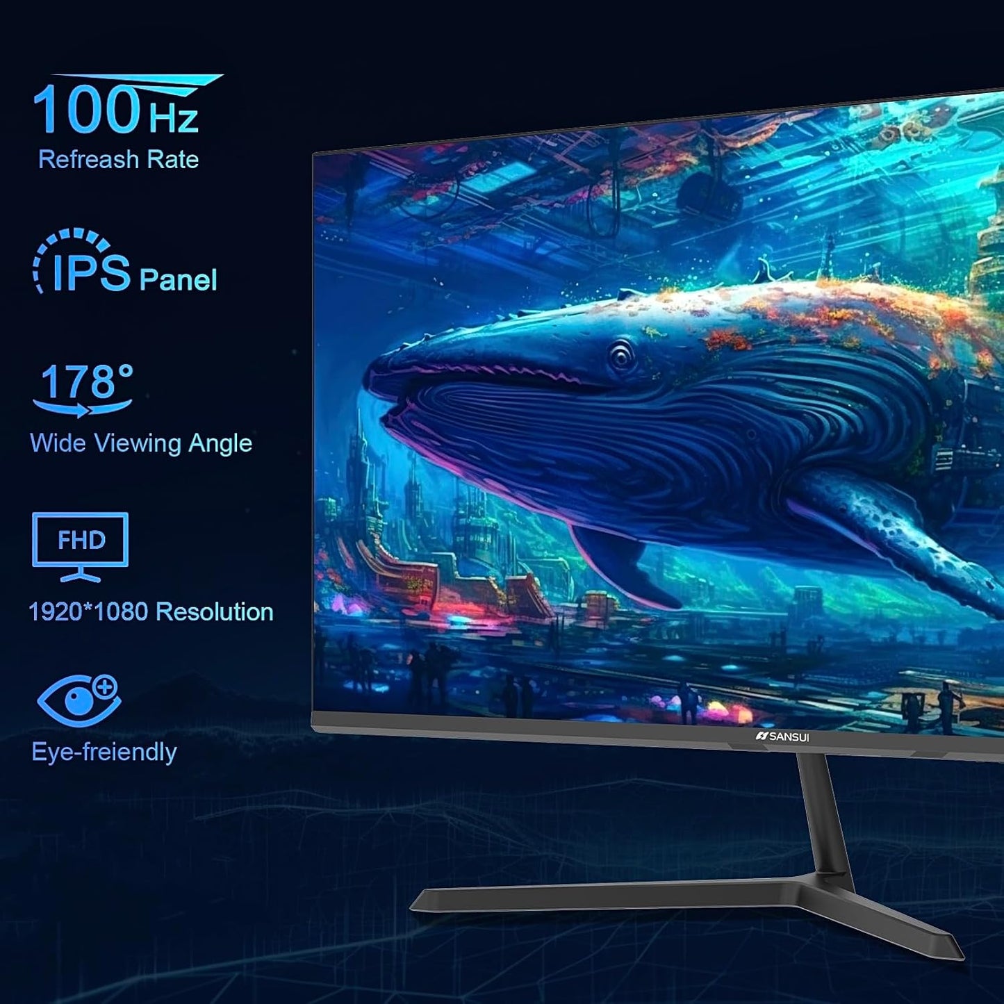 SANSUI 24 inch Monitor, IPS Display FHD Computer Monitor, 100Hz Monitor VESA Mount with HDMI Inputs for Home Office (HDMI Cable Included)