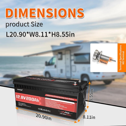 12V 200Ah LiFePO4 Lithium Battery,200A BMS,Max.2560W Load Power,15000+ Deep Cycles,10-Year Lifespan, Ideal for RV, Solar Energy Storage,Trolling Motor and Off-Grid Camping