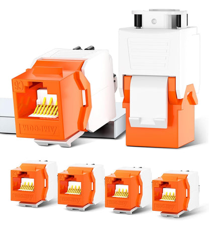 AMPCOM CAT6 RJ45 Keystone Jack - Reusable UTP Ethernet Wall Jack with Adjustable Ratchet Lock Design, No Tool and Zip Tie Required - 50u Gold Plated - Orange (6-Pack)