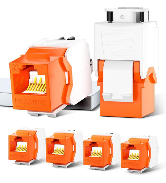 AMPCOM CAT6 RJ45 Keystone Jack - Reusable UTP Ethernet Wall Jack with Adjustable Ratchet Lock Design, No Tool and Zip Tie Required - 50u Gold Plated - Orange (6-Pack)