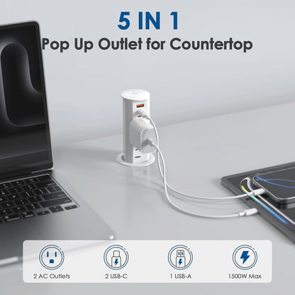 2 Inch Pop Up Outlet for Countertop,Power Grommet 2-inch Desk Wire Hole Insert,20W USB C,2 Outlets,2 USB C/1 USB A,Recessed Outlet,Desk Charging Station (White, 6 FT Cable)
