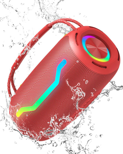 Portable Bluetooth Speaker with Light, Loud Sound and Deep Bass, IPX6 Waterproof, Up to 18H Playtime, TWS Pairing, Support Bluetooth/AUX/USB/TF Card for Home, Party, Outdoor and Travel (Red)