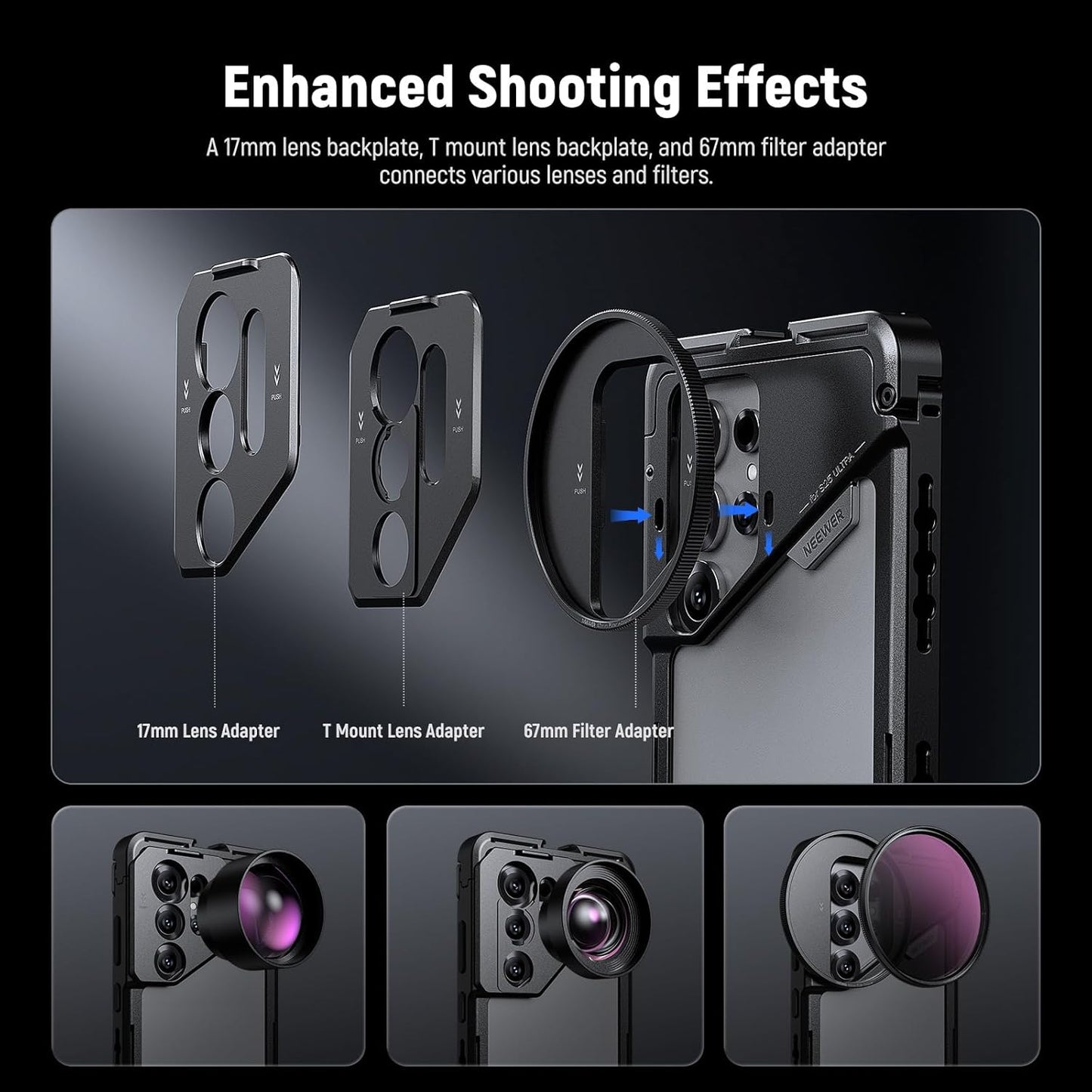 NEEWER S25 Ultra Phone Cage, PA082 Mobile Video Rig Phone Stabilizer for Video Recording with PA045E Bluetooth Side Handle, 67mm Filter Adapter, 17mm Lens Backplate & T Mount Compatible with Moment