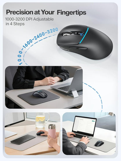 R108 Bluetooth Wireless Mouse – Dual Bluetooth ＆ 2.4GHz USB Receiver, 4 DPI Levels (1000–3200), Type-C Rechargeable, Ergonomic Right-Hand Grip, Silent Click, for Computer/Mac/Laptop - Black