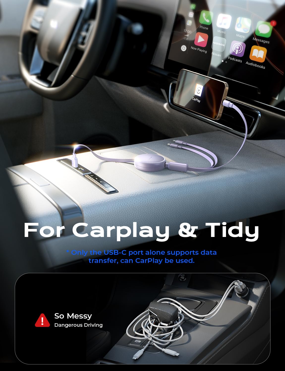 LISEN 3 in 1 Retractable Car & iPhone Charger Cord, Type C/L/Micro USB for iPhone/Samsung/PS/Kindle, Purple