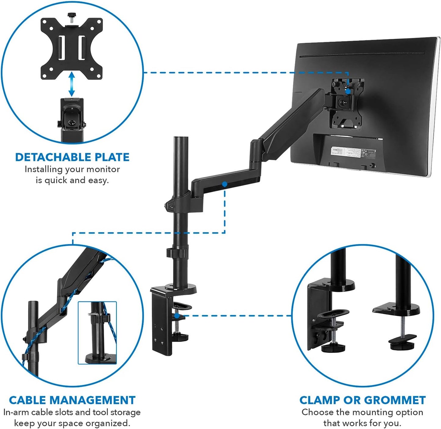 Mount-It! Single Monitor Arm Mount | Desk Stand | Full Motion Height Adjustable Articulating Gas Spring Arm | Fits 19 21 24 27 29 30 32 Inch VESA Compatible Computer Screen | C-Clamp and Grommet Base