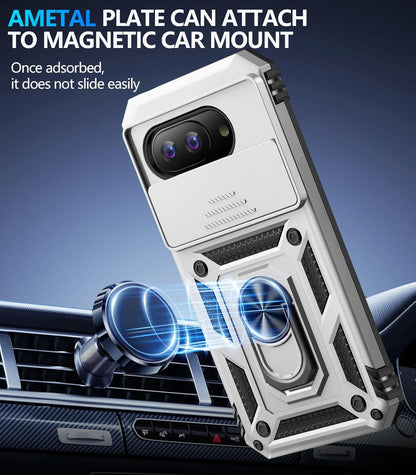 Taisairu for Google Pixel 9A Case with Screen Protector & Slide Camera Lens Cover, Built-in 360°Rotate Magnetic Ring Stand Shockproof Protective Phone Case for Google Pixel 9A Case (Silver)