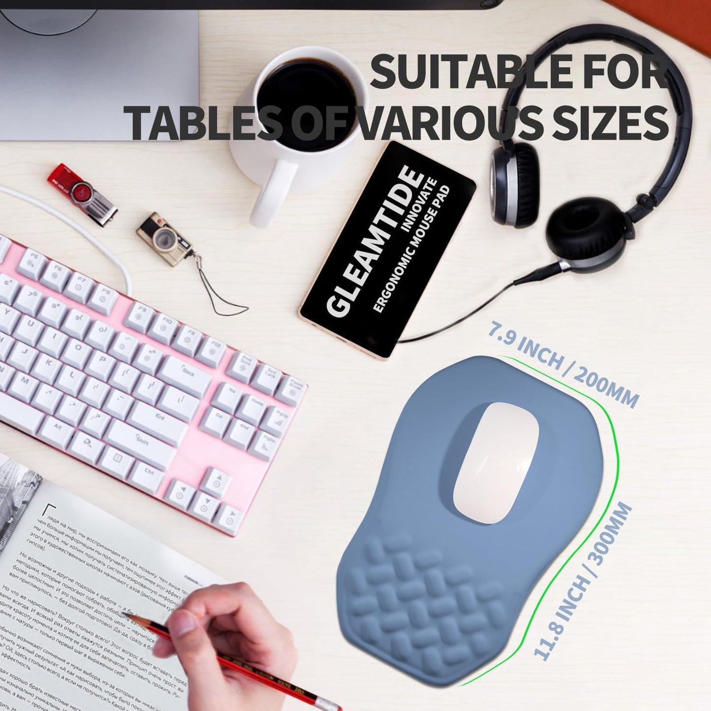 Ergonomic Raised Mouse Pad Wrist Support with Bilateral Slope Memory Foam Mousepad for Wrist Rest and Carpal Tunnel Pain Relief 11.8x7.9〃 Stone Blue
