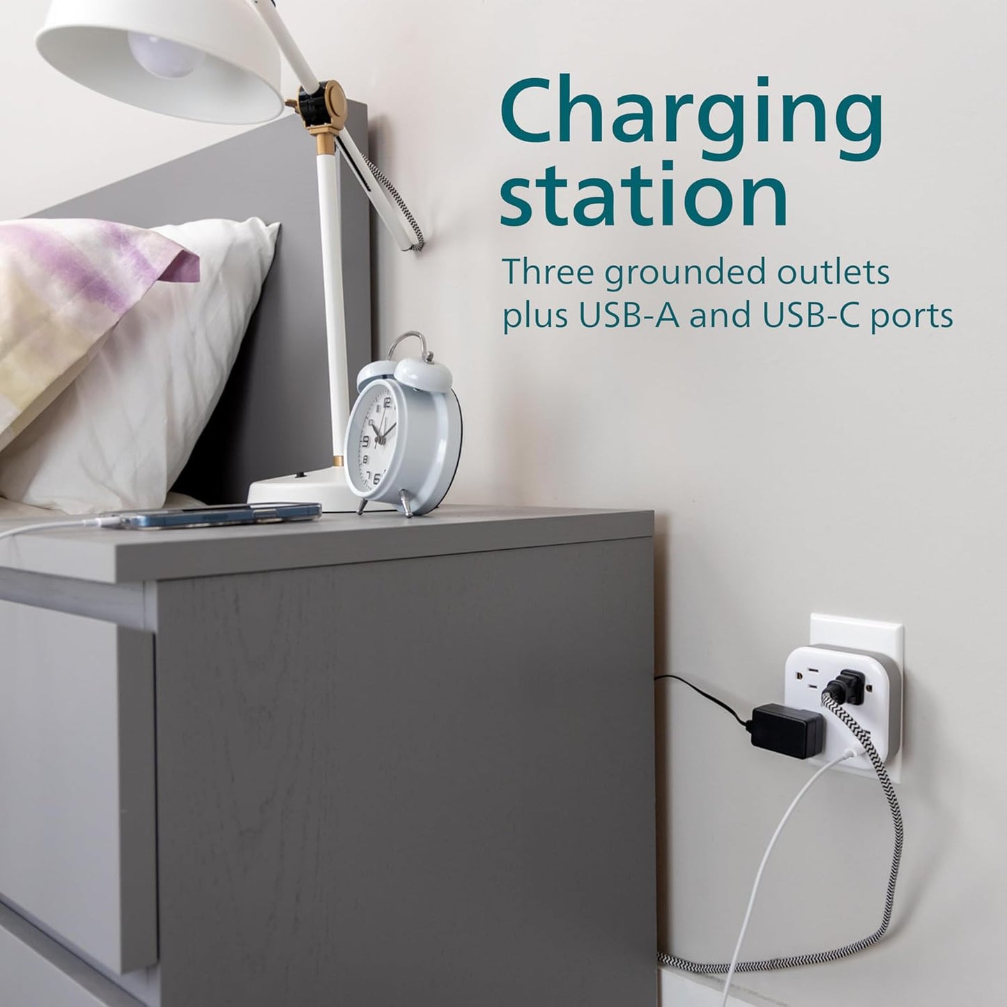 Philips EZFit 3-Outlet Surge Outlet Extender with USB, 1 USB-A, 1 Type-C, Adapter Spaced, Charging Station, 12W, 980 Joules, 2 Pack, White - SPP3605W/37