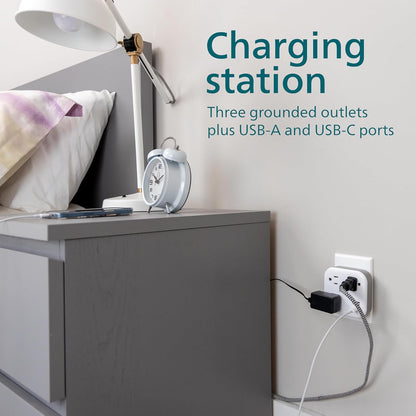 Philips EZFit 3-Outlet Surge Outlet Extender with USB, 1 USB-A, 1 USB-C, Adapter Spaced, Charging Station, 12W, 980 Joules, White - SPP9393W/37