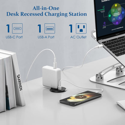 2 inch Desktop Power Grommet with PD 20W USB C,Ultra Thin Flat Plug Power Strip,Recessed Outlet,Slim Outlet Extender for Office,Table Outlets for Home, Office,6 ft Cable(Black)