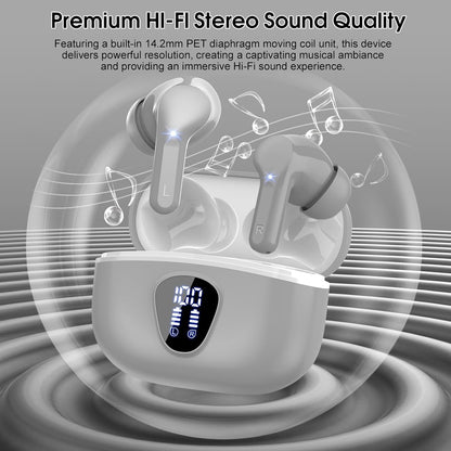 Wireless Earbuds, Bluetooth 5.4 Headphones HiFi Stereo, Bluetooth Earbuds with ENC Noise Cancelling Mic, IP7 Waterproof in Ear Earphones, 48H, LED Display Ear buds for Pad Workout Sports, Grey