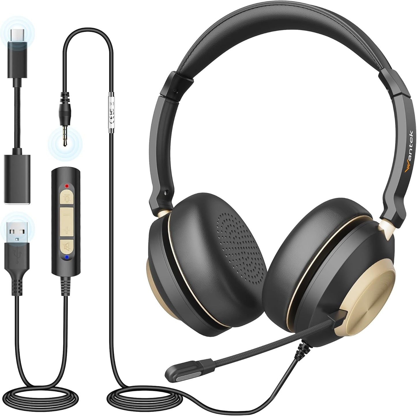 Wantek USB Headset with Microphone, Type-c/USB/3.5mm Jack 3-in-1 PC Headset, Wired & Noise Cancelling Headphone with Volume Control for Call Centers, Skype, Zoom, Home Office, 0nline Courses