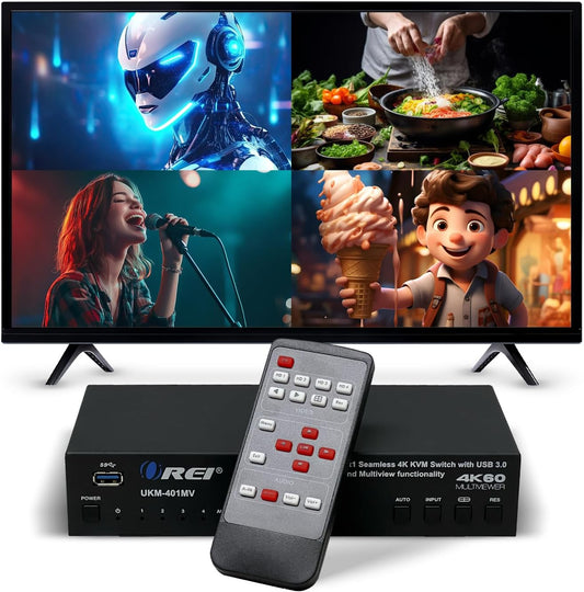 OREI 4x1 KVM HDMI Seamless Switch Multiviewer, Share Multiple Devices, PC, Computers, Phones, Gaming on One Display Monitor, Keyboard Control and USB 3.0 Peripheral Control