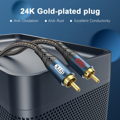 RCA Cable Subwoofer Cable 2RCA Male to 2RCA Male Stereo Audio Cable Y Splitter 24K Gold-Plated Nylon Braided Double Shielded Digital Analogue Supports Amplifiers,Home Theater,Hi-Fi System(6.6ft/2m)