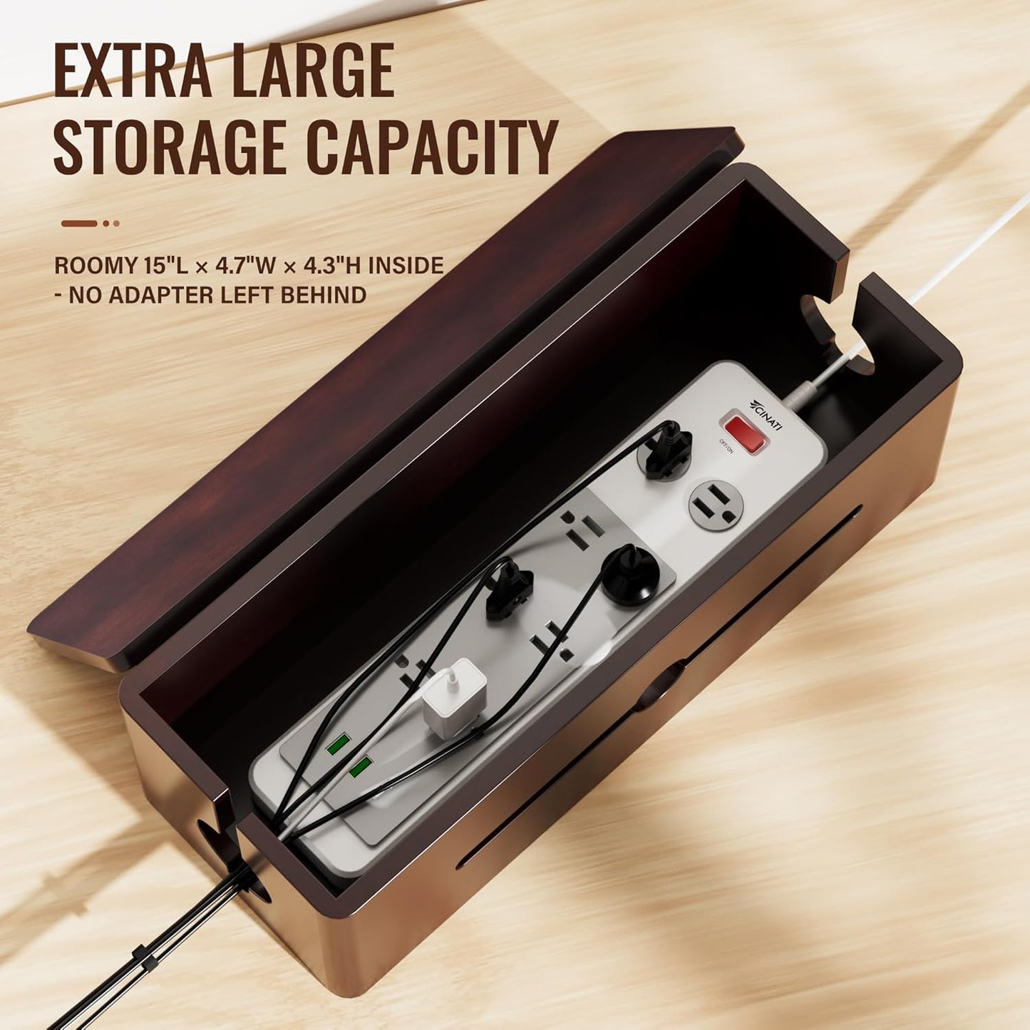 Cinati Large Cable Management Box, 15.8" Wooden Cable Organizer for Floor Wires Storage, Wall Mount Cord Hider Box for Electrical Cord Management, Power Strip Wire Organization for Desktop Home Office