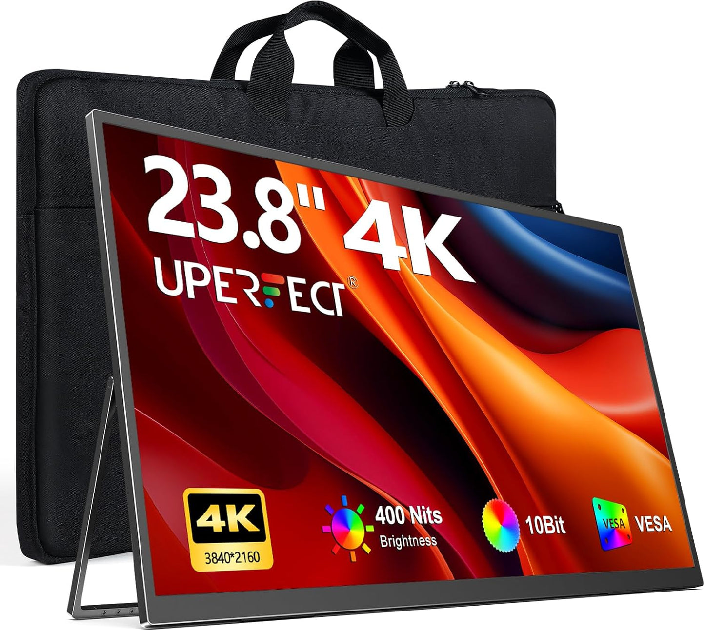 UPERFECT Portable Monitor 4K 23.8" | 400 Nits 24" Large Monitor | 3840 * 2160 UHD 125% sRGB | 1MS FreeSync | USB-C & HDMI | VESA & Kickstand | Second Screen for Computer, Mini PC, Game Consoles