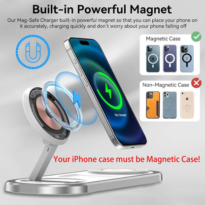 3 in 1 Fast Wireless Charger Stand for iPhone, Foldable Travel Charging Station for Magsafe for iPhone 17/Air/16/15/14/13/12 Series, Apple Watch Series, AirPods pro/2/3/4, Gifts for Women Men (Silver)