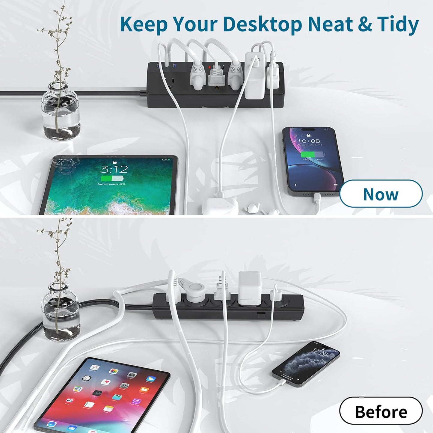 Desk Clamp Power Strip 2 USB C Desktop Mount Outlet Charging Station, 10FT Extension Cord Flat Plug with 6 AC, Removable 40W Fast Charging Surge Protector Power Strip Fits 1.8" Office Tabletop Edge