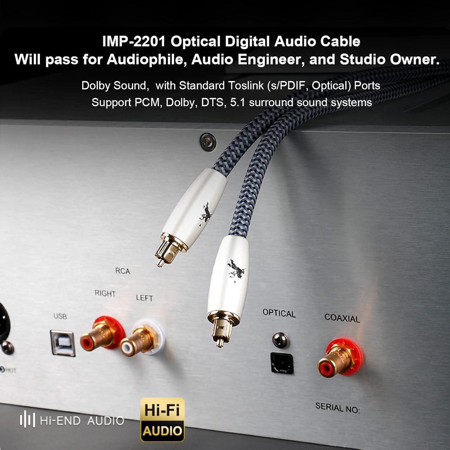 Digital Fiber Optic Audio Cable for Sound Bar Toslink Cord Male to Male 24K Gold Plated Connector Optical Audio Cable 6ft 10ft S/PDIF Glass Core, 9.84feet/3M IMP-2201