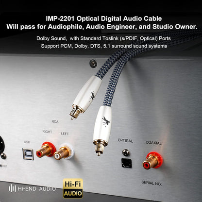 Digital Fiber Optic Audio Cable for Sound Bar Toslink Cord Male to Male 24K Gold Plated Connector Optical Audio Cable 6ft 10ft S/PDIF Glass Core, 4.9feet/1.5M IMP-2201