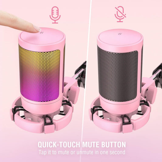 FIFINE Gaming USB Microphone Kit, PC Streaming Recording Computer RGB Microphone Set for Podcasting, Singing, YouTube, Condenser Cardioid Mic with Quick Mute, Gain Knob-A6T Pink
