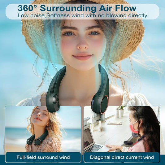 CIVPOWER Neck Fan: Portable Personal Neck Cooling Rechargeable Bladeless Fan - Hands Free 3 Speed 4000 mAh Battery USB Operated Wearable Headphone Design - for Men Women Outdoor Indoor (Dark Green)