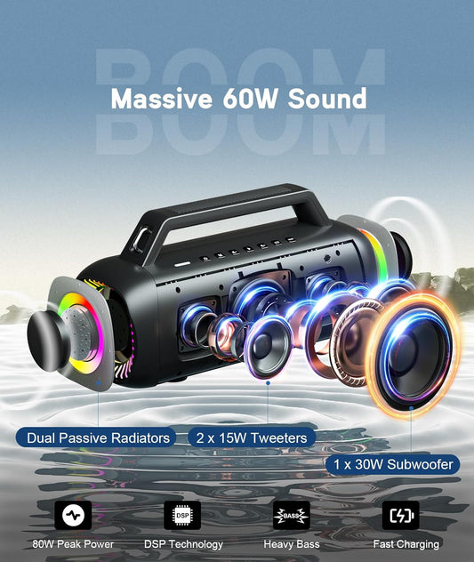 Ortizan Portable Bluetooth Speaker Loud, 80W Peak, Bass Up, 20H Playtime, IPX7 Waterproof, RGB Lights, Wireless Stereo Pairing, BT5.3, USB-C, Subwoofer Outdoor Speaker for Camping, Beach, Backyard