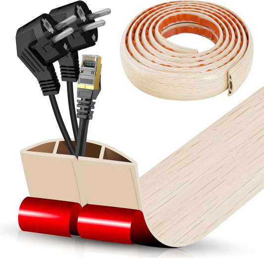 Floor Cord Cover Cavity 0.8"x0.37" Self Adhesive Cord Hider, 10FT Low Profile Cable Management, Extension Strip Protector for Wires, Prevent Cable Trips for Offices, Gyms, Exhibitions (Yellow Wood