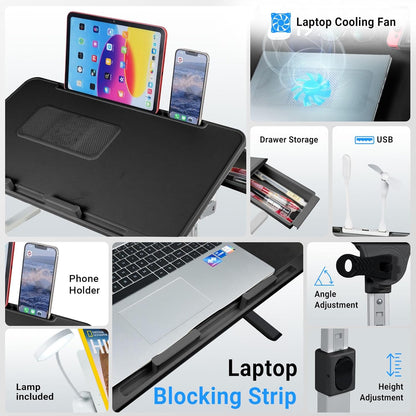 Laptop Lap Desk Include Cooling Fan,Adjustable Lap Desk with Light Fan,Folding Laptop Desk for Bed with USB,Bed Desk with Storage Drawer 56 * 32cm,Black