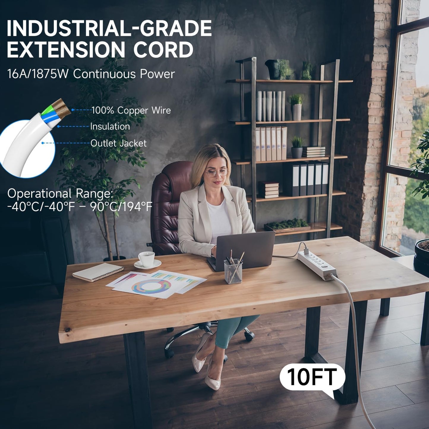 10 Ft Power Strip Surge Protector with USB Ports, Flat Plug Extension Cord, 5 AC Outlets and 3 USB Charging Ports, Wall Mountable, ETL Listed – White for Home, Office, Dorm