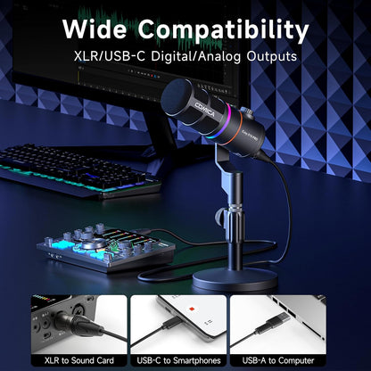 EJoy D10 PRO(D) Combo Dual-Channel Wireless USB Gaming Microphone – RGB Dynamic Mic with Wired/Wireless Modes, XLR/USB-C, Real-Time Monitoring, Studio Mic for Gaming, Streaming, Podcast, Recording