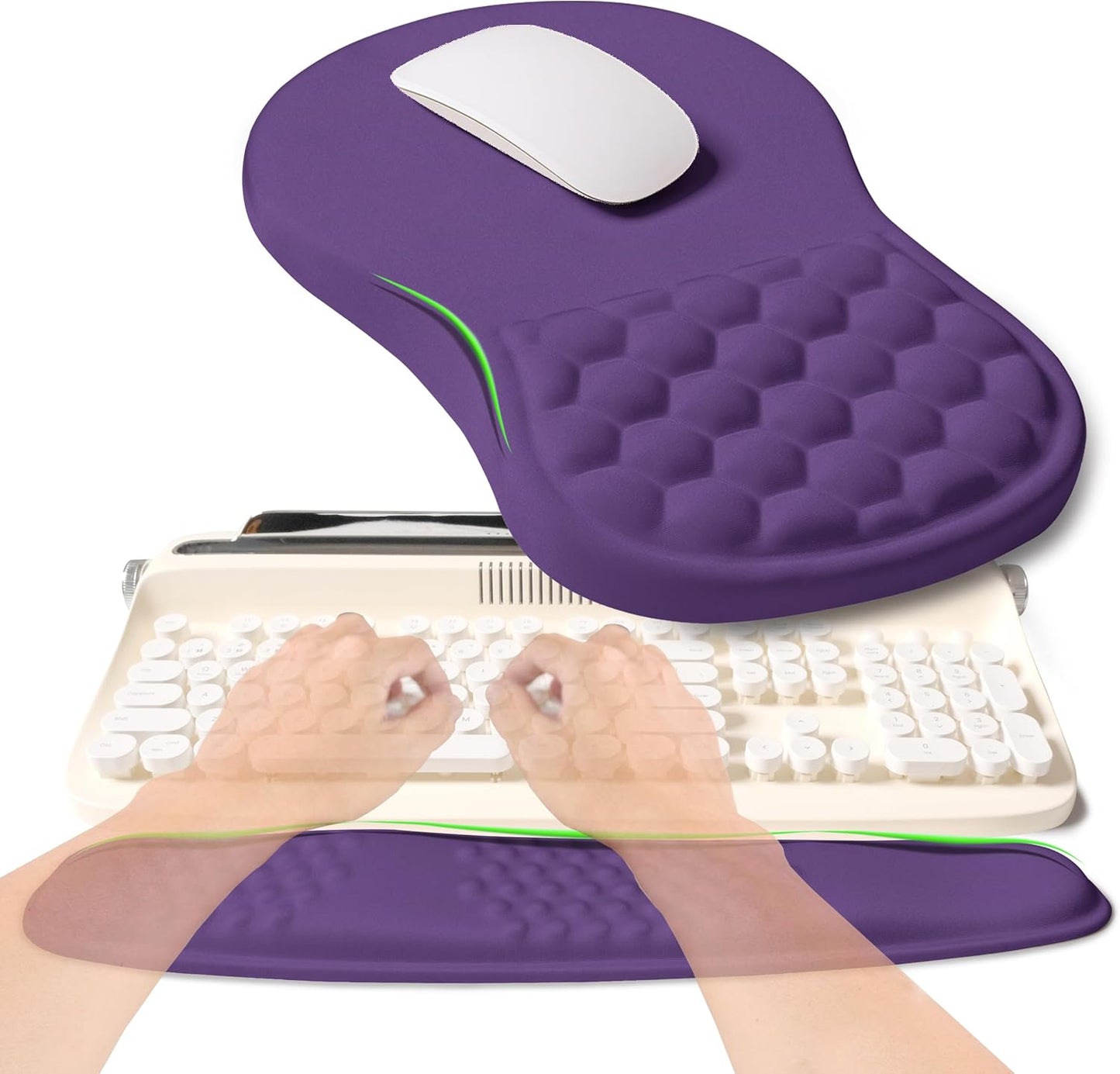 2-in-1 Ergonomic Set, Wave Rise Keyboard Wrist Rest and Massage Bulge Slope Mouse Pad Wrist Support, Cushion Memory Foam Integrated to Relieve Wrist Pain, Dark Purple