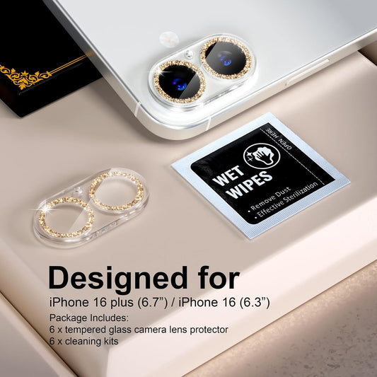 beuxece for 6 Pack iPhone 16 / iPhone 16 Plus Camera Lens Protector [Drop Protection] [Case Friendly] [Easy Installation] 9H Tempered Glass Camera Screen Protector Cover Accessories, Glitter Gold