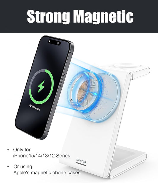 3 in 1 Wireless Charging Station, Magnetic Foldable Wireless Charger, Fast Travel Charger Stand for iPhone 16/15/14/13/12/Apple Watch/Airpods(20W PD Adapter Included)