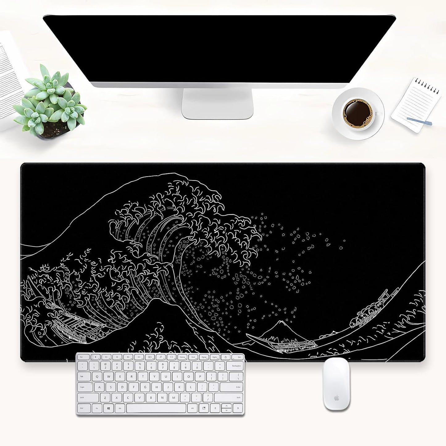 Japanese Great Wave Off Kanagawa Gaming Mouse Pad - XL Extended Ukiyo-e Art Desk Mat, Non-Slip Waterproof Rubber Base & Stitched Edges, 31.5 x 15.7 Inch Large Computer Mousepad