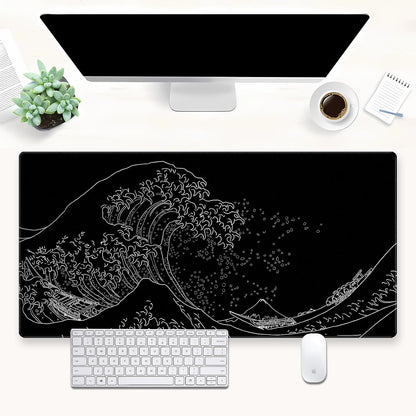 Japanese Great Wave Off Kanagawa Gaming Mouse Pad - XL Extended Ukiyo-e Art Desk Mat, Non-Slip Waterproof Rubber Base & Stitched Edges, 31.5 x 15.7 Inch Large Computer Mousepad