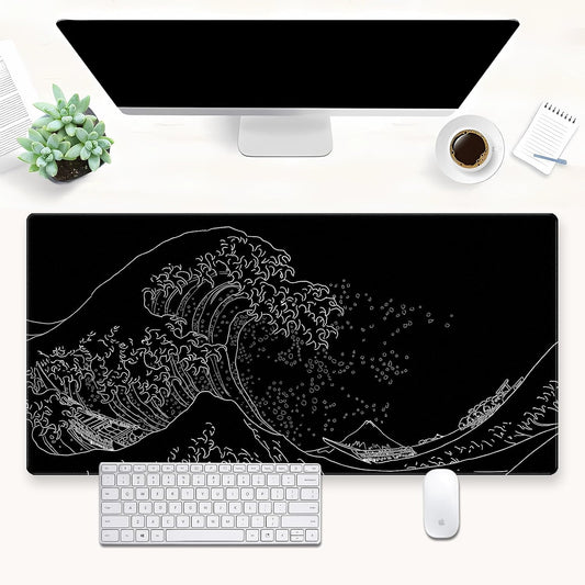 Japanese Great Wave Off Kanagawa Gaming Mouse Pad - XL Extended Ukiyo-e Art Desk Mat, Non-Slip Waterproof Rubber Base & Stitched Edges, 31.5 x 15.7 Inch Large Computer Mousepad